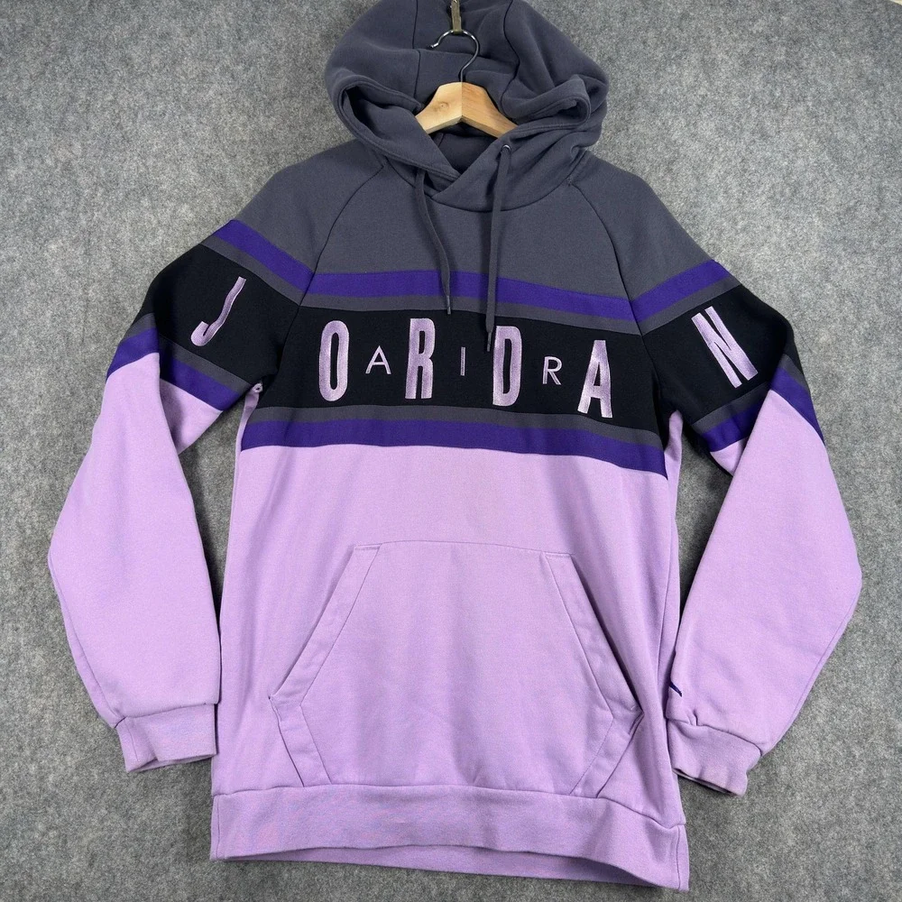Air Jordan Hoodie Mens Small Purple Gray Colorblock Fleece Pullover Sweatshirt
